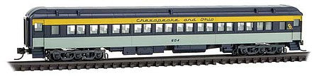 Micro Trains Line 14500410 N Scale Pullman Heavyweight B&O Plan 2882-B Paired-Window Coach - Ready to Run -- Chesapeake & Ohio 604 (gray, blue, yellow)