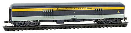 Micro Trains Line 14700410 N Scale Pullman Heavyweight 70' Baggage Car - Ready to Run -- Chesapeake & Ohio 307 (blue, gray, yellow)