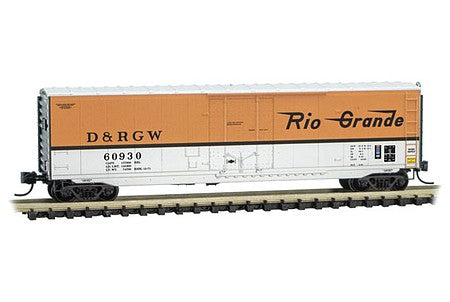 Micro Trains Line 3800562 N Scale 50' Plug-Door Boxcar No Roofwalk - Ready to Run -- Denver & Rio Grande Western 60930 (Aspen Gold, silver, black)