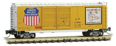 Micro Trains Line 50100301 Z Scale 40' Double-Door Boxcar - Ready to Run -- Union Pacific 519086 (Armour Yellow, silver, Large Logo, Automated Map Logo)