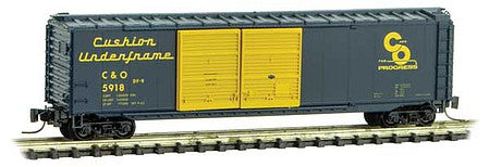 Micro Trains Line 50600392 Z Scale 50' Double-Door Boxcar - Ready to Run -- Chesapeake & Ohio 5918 (blue, yellow, Cushion Underframe, Progress Logo)