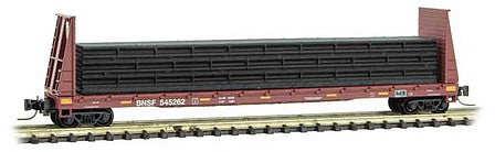 Micro Trains Line 52700172 Z Scale 60' Bulkhead Flatcar with Pipe Load - Ready to Run -- BNSF Railway 545262 (Boxcar Red, yellow conspicuity marks)