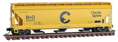 Micro Trains Line 9400660 N Scale ACF 3-Bay Center Flow Covered Hopper with Elongated Hatches - Ready to Run -- Chessie System B&O 602259 (yellow, blue)