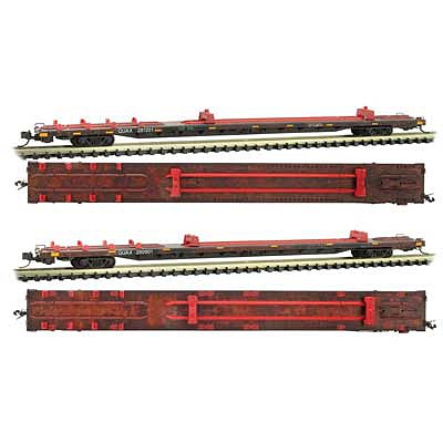 Micro Trains Line 99305510 N Scale 89'4" TOFC Intermodal Flatcar 2-Pack with Bolster Rack - Ready to Run -- Redstreak Specialized Railcar Services QUAX 281201, 280901 (weathered)