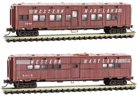 Micro Trains Line 99305570 N Scale 50' 6" Converted Troop Sleeper and Kitchen Car Set - Ready to Run -- Western Maryland 3004, K-3013 (Weathered, MOW Boxcar Red, Speed Lettering)