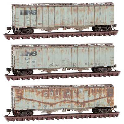 Micro Trains Line 99305830 N Scale 50' Airslide Covered Hopper 3-Pack - Ready to Run -- Norfolk Southern 90313, 90360, 90394 (Weathered, Ex-SOU, gray, black)