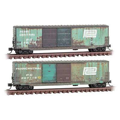 Micro Trains Line 99305840 N Scale 50' Double-Door Boxcar w/8' Doors, No Roofwalk 2-Pack - Ready to Run -- Penn Central 172638, 267116 (Weathered, Jade Green)
