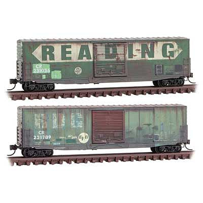 Micro Trains Line 99305860 N Scale 50' Boxcar with 10' Door, No Roofwalk, Short Ladders 2-Pack - Ready to Run -- Conrail 231035, 231789 (Weathered, 2 Ex-RDG Schemes, green, yellow)