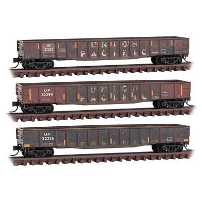 Micro Trains Line 99305890 N Scale 50' 15-Panel Fixed-End Gondola 3-Pack - Ready to Run -- Union Pacific 32263, 32299, 32356 (Weathered, Boxcar Red, yellow Conspicuit