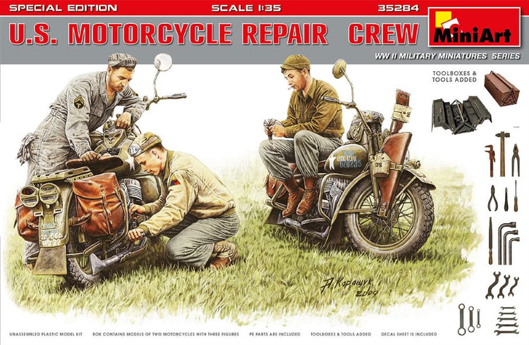 MiniArt 35284 1/35 WWII US Motorcycle Repair Crew (3) w/2 Motorcycles, Tools & Boxes (Special Edition)