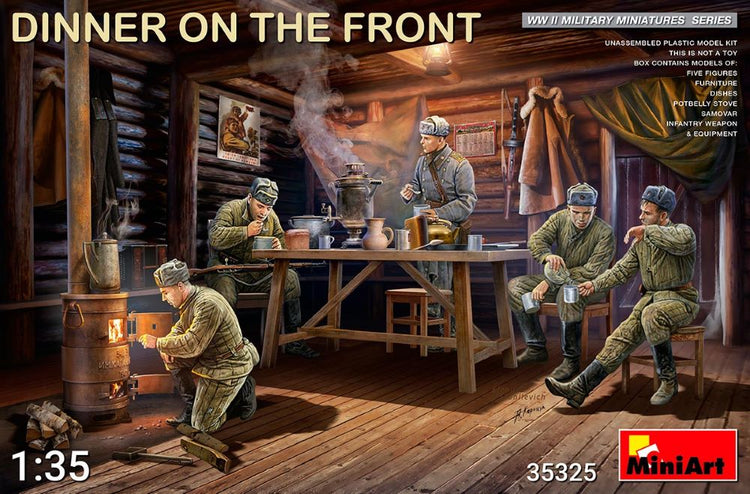 MiniArt 35325 1/35 WWII Dinner on the Front: Soviet Soldiers (5)  w/Furniture & Accessories - Black Forest® Hobby Supply Co