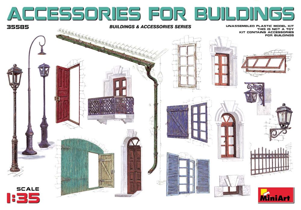 MiniArt 35585 1/35 Accessories for Buildings: Gutter, Fence, Various Doors, Windows & Lamp Posts