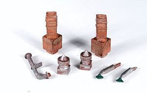 Monroe Models 2304 HO Scale Mini-Tales(TM) Chimneys, Vents & Lights - Kit (Unpainted Metal Castings) -- Includes: 2 Each Chimneys, Roof Vents, Outdoor Overhead Lights & 1 Smoke Jack