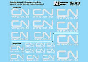 Microscale 5010 HO Scale Canadian National - CN -- Mini-Cal Locos & Freight Cars (Noodle Logo w/Website Address - Various Sizes)