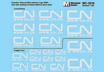 Microscale 5010 HO Scale Canadian National - CN -- Mini-Cal Locos & Freight Cars (Noodle Logo w/Website Address - Various Sizes)