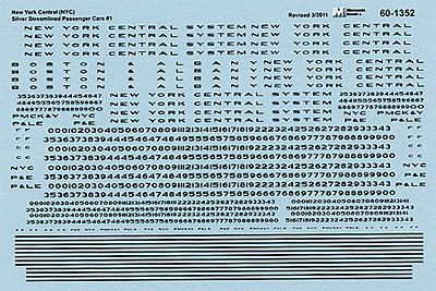Microscale 601352 N Scale Railroad Decal Set -- New York Central (NYC) Silver Streamlined Passenger Cars #1