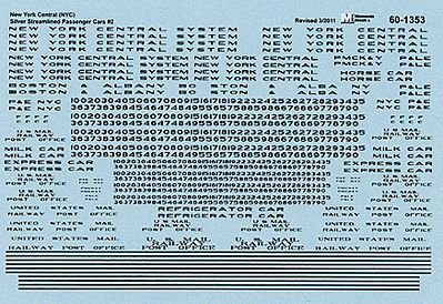 Microscale 601353 N Scale Railroad Decal Set -- New York Central (NYC) Silver Streamlined Passenger Cars #2