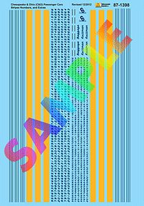 Microscale 601398 N Scale Railroad Decal Set -- Chesapeake & Ohio Passenger Car Stripes, Numbers & Extra Logos