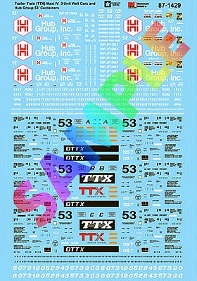 Microscale 601429 N Scale Railroad Decal Set -- Trailer Train TTX Maxi IV Well Cars & 53' HUB Group Containers