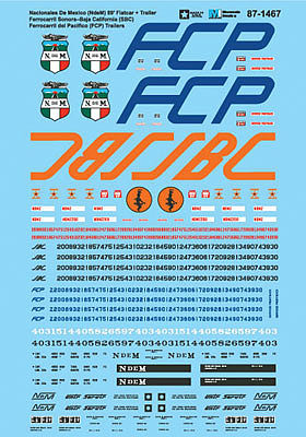 Microscale 601467 N Scale Railroad & Vehicle Decal Set -- Nacionales De Mexico NdeM 89' Flatcar & SBC & FCP Trailers