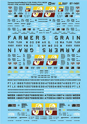 Microscale 601491 N Scale Railroad Decal Set -- Farmers Grain FarMarCo TLDX, PTLX+ PS 4427, 4750 & ACF 4650 Covered Hoppers