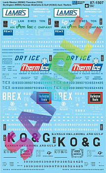 Microscale 601507 N Scale Railroad Decal Set -- Reefers: Lamb Weston REMX, Thermice TICX, CB&Q RBBX, Kansas Oklahoma & Gulf