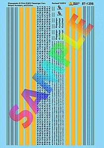 Microscale 871398 HO Scale Railroad Decal Set -- Chesapeake & Ohio Passenger Car Stripes, Numbers & Extra Logos