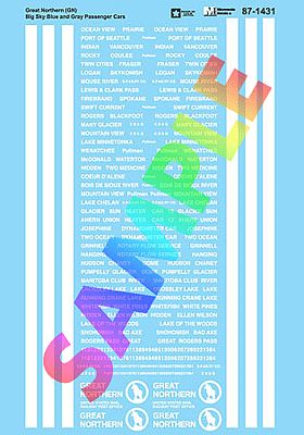 Microscale 871431 HO Scale Railroad Decal Set -- Great Northern Big Sky Blue Scheme Passenger Cars, Includes Stripes & Car Na