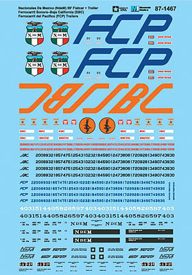 Microscale 871467 HO Scale Railroad & Vehicle Decal Set -- Nacionales De Mexico NdeM 89' Flatcar & SBC & FCP Trailers