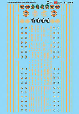 Microscale 871469 HO Scale Railroad Decal Set -- California Western CWR Skunk Train Passenger Cars w/Stripes, Logos & Numbers