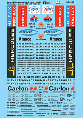 Microscale 871471 HO Scale Railroad Decal Set -- Carlon CARX, American Car & Foundry ACFX Plastic 4650-5250-5700 Covered Hopp