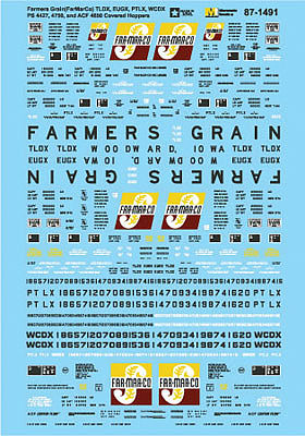 Microscale 871491 HO Scale Railroad Decal Set -- Farmers Grain FarMarCo TLDX, PTLX+ PS 4427, 4750 & ACF 4650 Covered Hoppers