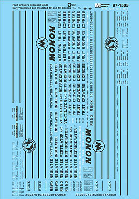 Microscale 871505 HO Scale Railroad Decal Set -- Fruit Growers Express Ventilated/Insulated 40' & 50' Boxcars (Monon, GN Logo