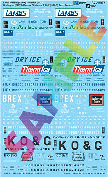 Microscale 871507 HO Scale Railroad Decal Set -- Reefers: Lamb Weston REMX, Thermice TICX, CB&Q RBBX, Kansas Oklahoma & Gulf