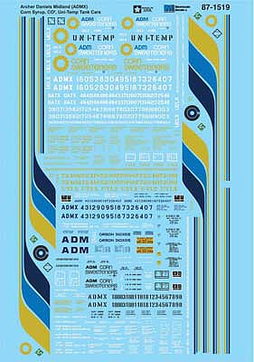 Microscale 871519 HO Scale Railroad Decal Set -- Archer Daniels Midland ADMX Corn Syrup, CO2, Uni-Temp Tank Cars