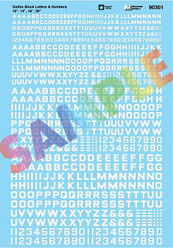 Microscale 90301 HO Scale Alphabet & Number Decal Set -- Gothic Block (white) 10", 14", 18", 20"