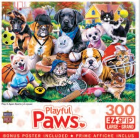 Masterpieces Puzzles 32227 Playful Paws: Play it Again Sports (Dogs & Cats) EzGrip Puzzle (300pc)