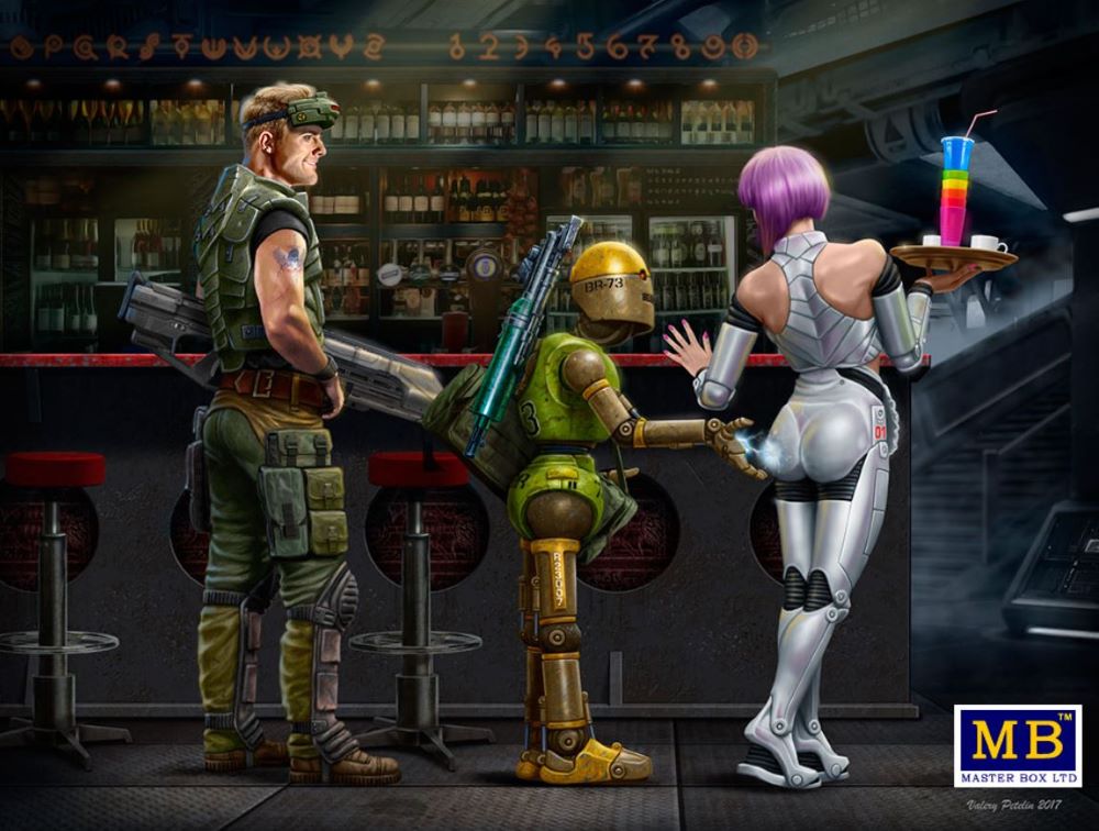 Master Box Models 24031 1/24 At the Edge of the Universe: Space Mercenary w/Heavy Gun, Robot & Android Waitress Holding tray/drinks
