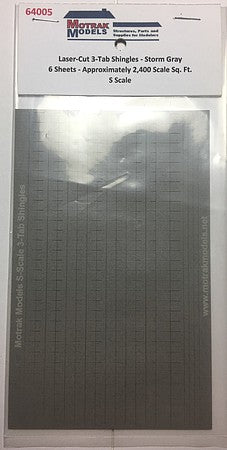Motrak Models 64005 S Scale 3-Tab Shingles -- Storm Gray pkg(6)