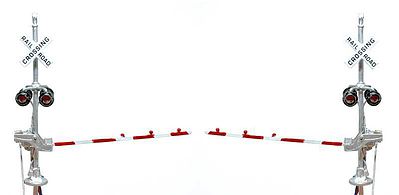 NJ International 1168 HO Scale Pedestal-Type Crossing Gate Signals - Assembled -- Right & Left Drop Set (red & white Arm)