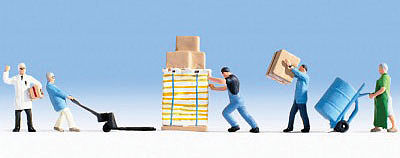 Noch 36038 N Scale Warehouse Workers w/Accessories -- 5 Workers, Pallet Jack, Pallet, Dolly & Crate