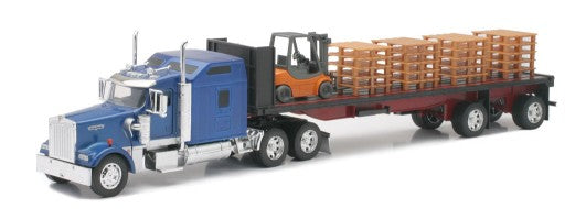 New Ray 10263 1/32 Kenworth W900 w/Flatbed Trailer, Forklift & Pallet Load (Die Cast)