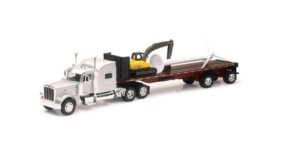 New Ray 10333 1/32 Peterbilt 389 w/Flatbed Trailer, Wind Turbine & Excavator (Die Cast)