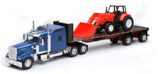 New Ray 10373 1/32 Kenworth W900 w/Flatbed Trailer & Farm Tractor (Die Cast)
