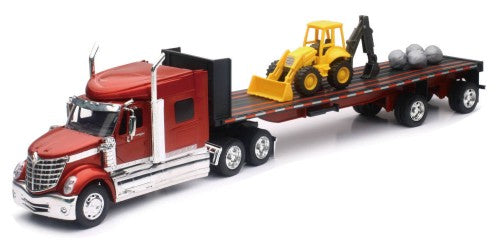New Ray 10393 1/32 Int'l Lonestar w/Flatbed Trailer, Front Loader & Rocks (Die Cast)