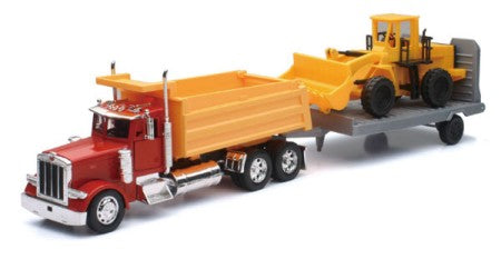 New Ray 10673 1/32 Peterbilt Dump Truck w/Flatbed Trailer & Front End Loader (Die Cast)