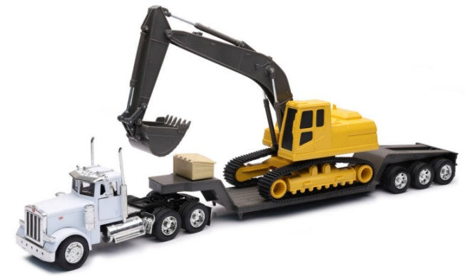 New Ray 11283 1/32 Peterbilt 379 w/Lowboy Trailer & Backhoe (Die Cast)