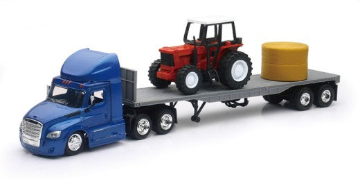 New Ray 16083 1/43 Freightliner Cascadia w/Flatbed Trailer, Farm Tractor & Hay Bale (Die Cast)