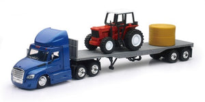 New Ray 16083 1/43 Freightliner Cascadia w/Flatbed Trailer, Farm Tractor & Hay Bale (Die Cast)
