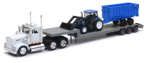 New Ray 16153 1/43 Kenworth W900 w/Lowboy Trailer, New Holland Farm Tractor & Dump Cart (Die Cast)